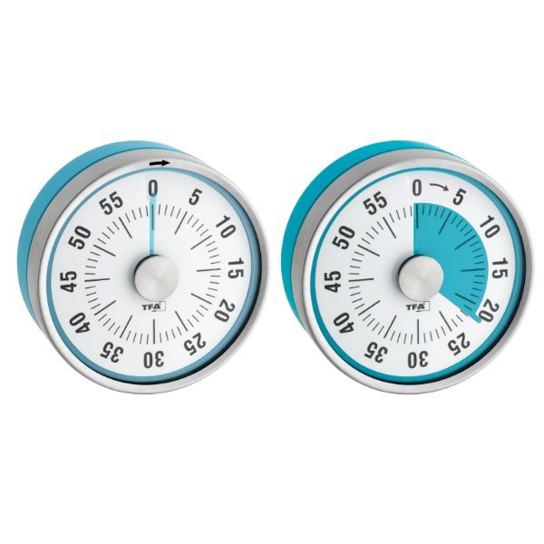 Timer Puck turkos med magnet, visar inställd tid och färgad nedräkning för tydlig tidsuppfattning
