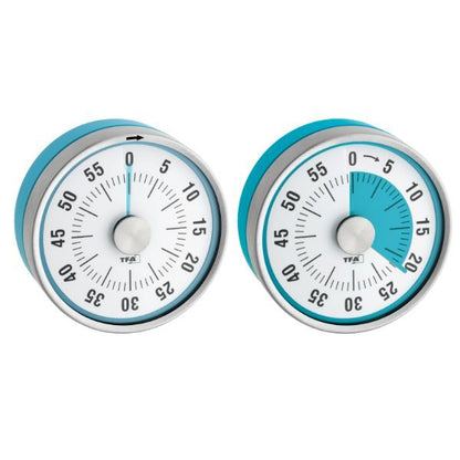 Timer Puck turkos med magnet, visar inställd tid och färgad nedräkning för tydlig tidsuppfattning