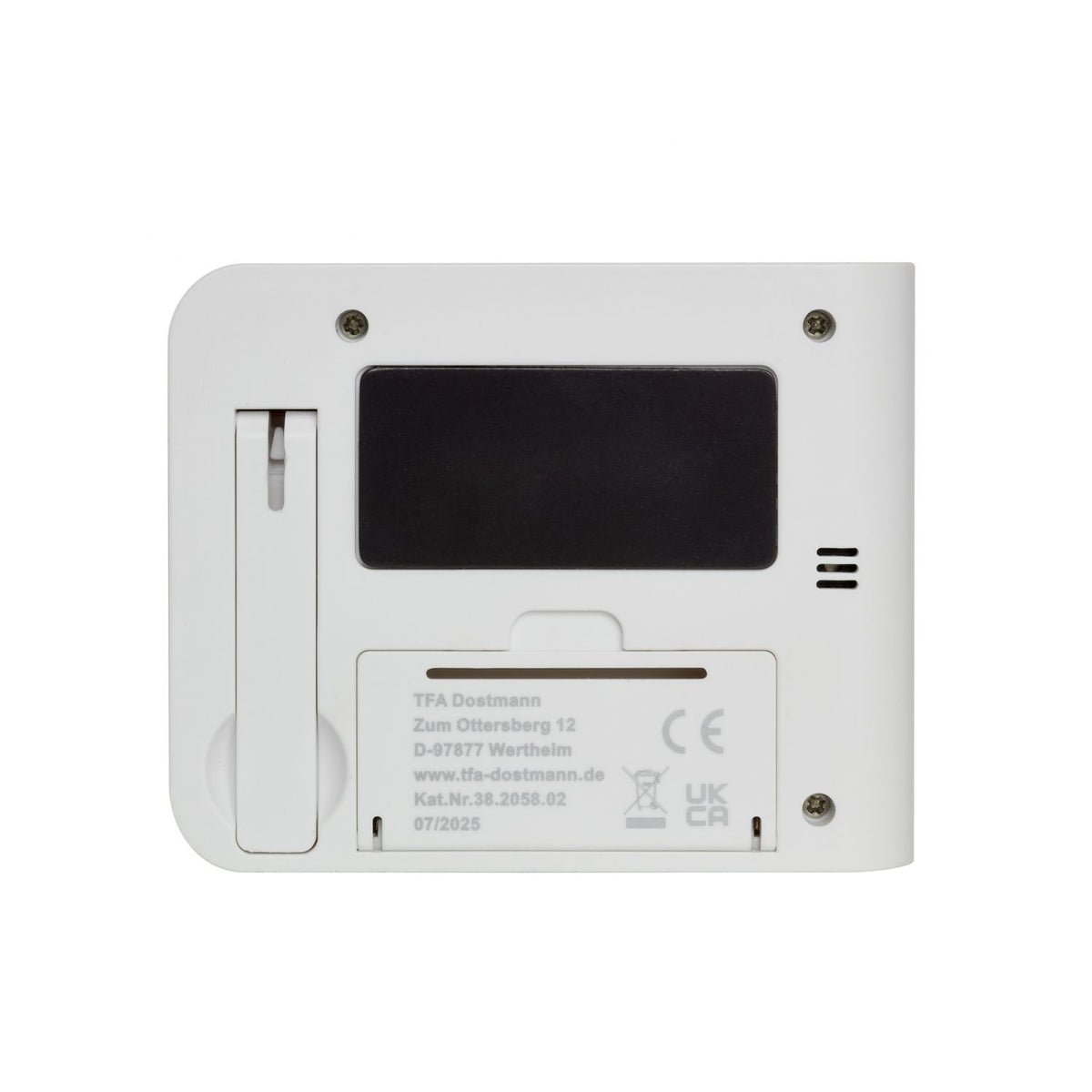 Baksidan av TFA Visuell timer med magnet, batterifack och utfällbart stöd