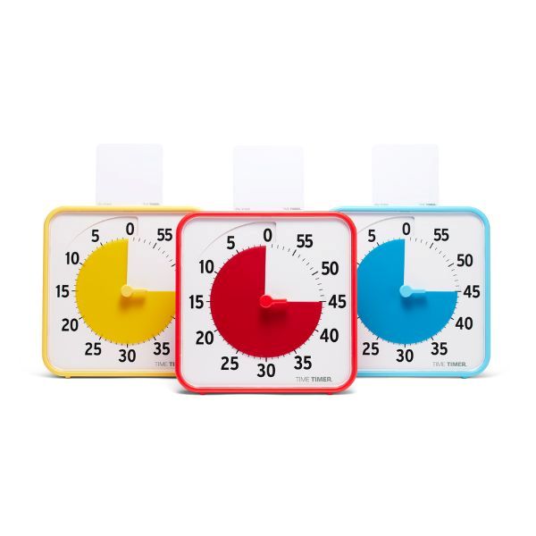 Primär kollektion av Time Timer Medium 3-pack i färgerna röd, gul och blå.