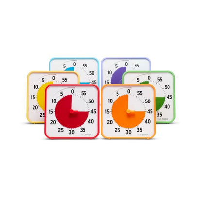Time Timer Medium 3-pack i alla färger – primär och sekundär kollektion med sex färgglada timrar.