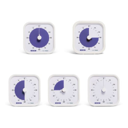 Set med fem Time Timer MOD 120 min som visar olika tidsintervaller för längre aktiviteter och fokus