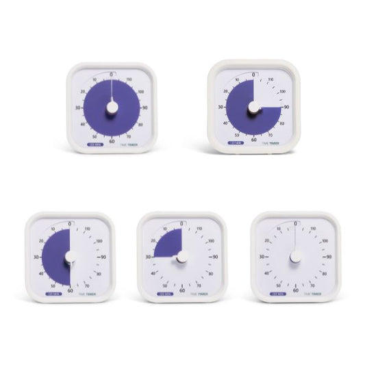 Set med fem Time Timer MOD 120 min som visar olika tidsintervaller för längre aktiviteter och fokus