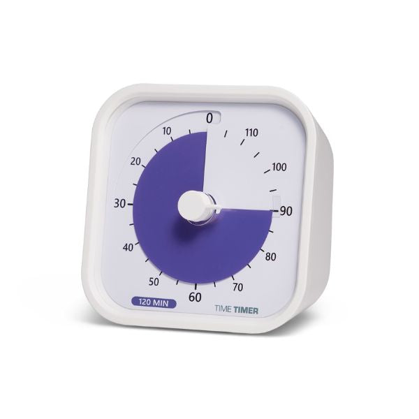 Time Timer MOD 120 min i vit ram med lila skiva som visar två timmars visuell nedräkning
