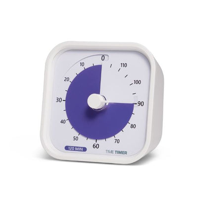 Time Timer MOD 120 min i vit ram med lila skiva som visar två timmars visuell nedräkning