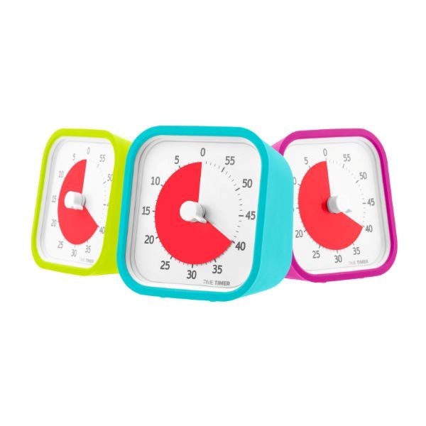 Tre Time Timer MOD med färgglada silikonfodral i blått, grönt och rosa som visar timerns display.