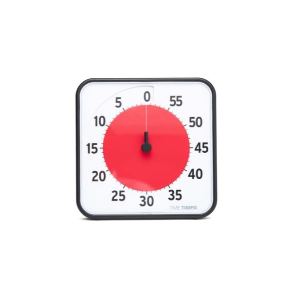 Tidshjälpmedel Time Timer visar 60 minuter med helröd skiva.