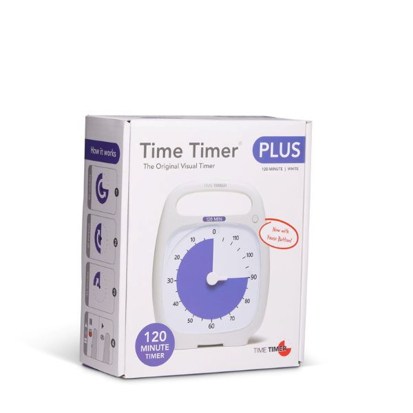 Förpackning av Time Timer PLUS 120 min – original visuell timer med pausknapp