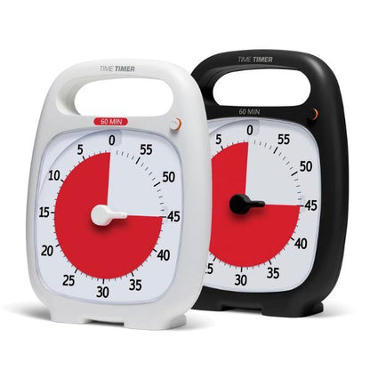 Time Timer Plus vit och svart placerade bredvid varandra.