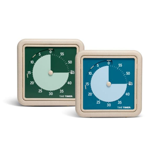 Time Timer RETRO Eco i färgerna Land (grön) och Water (blå) tillverkade av växtbaserat material.