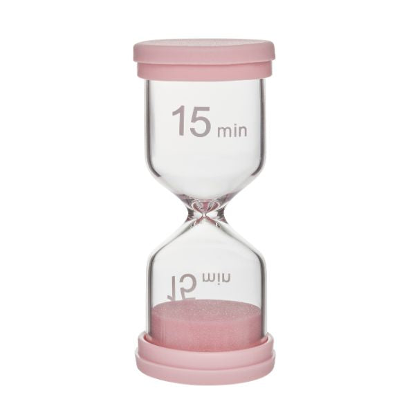 Timglas 15 minuter med rosa lock och sand, hjälpmedel för tydlig tidsstruktur vid NPF.