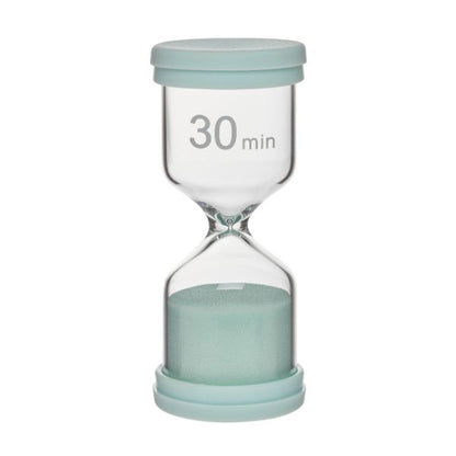 Timglas 30 minuter med grönt lock och sand, timer för längre aktiviteter och visuellt stöd vid NPF.