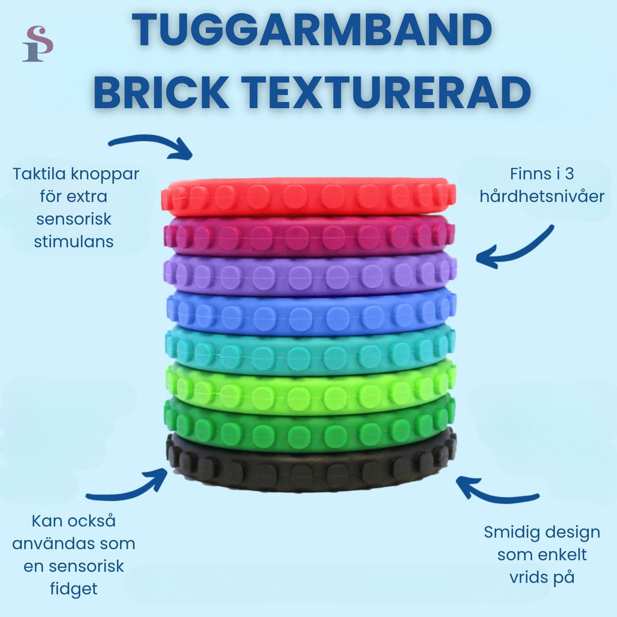 Flera Tuggarmband Brick i olika färger, staplade för att visa textur och storlek.