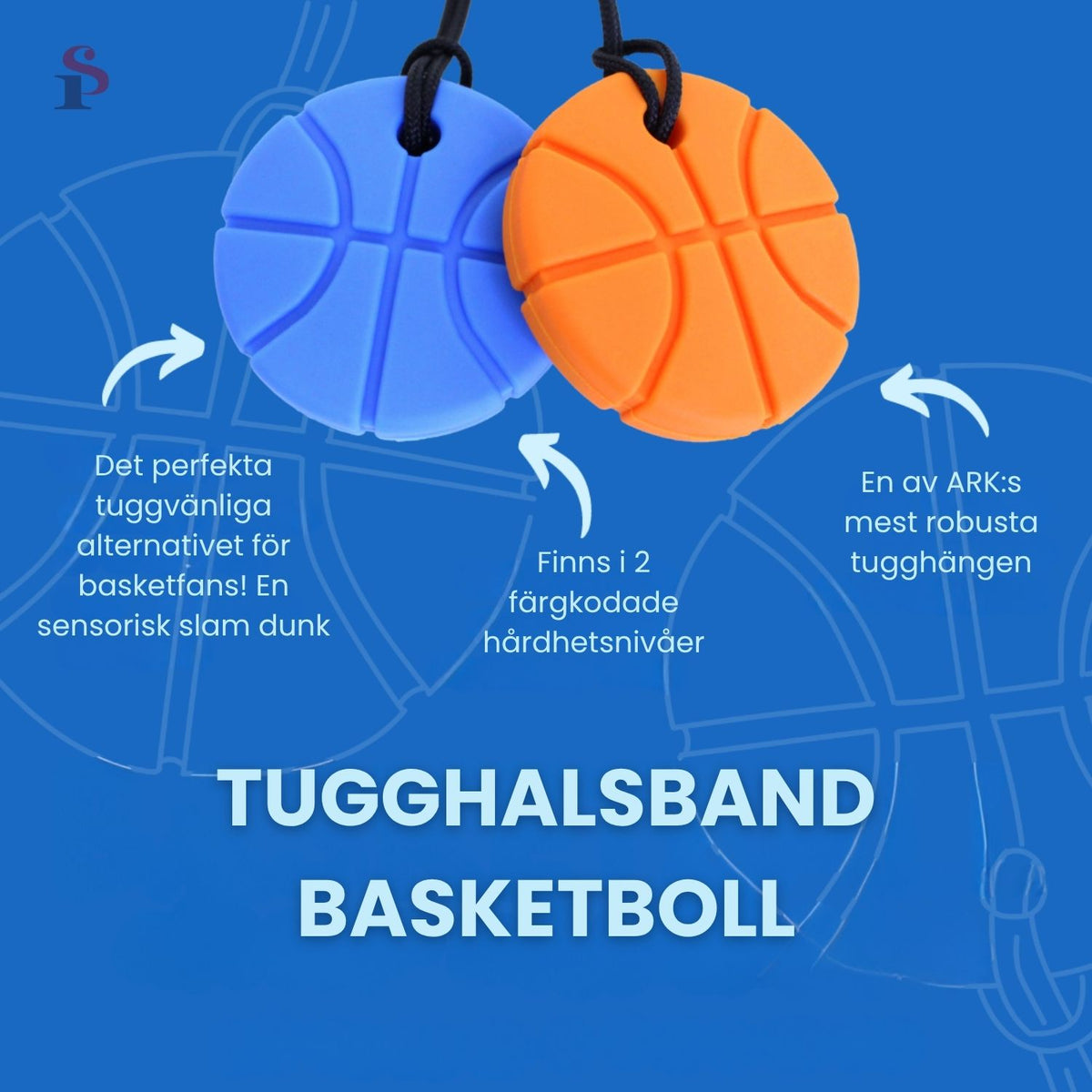 Informationsbild om tugghalsband basketboll med två färgvarianter och text