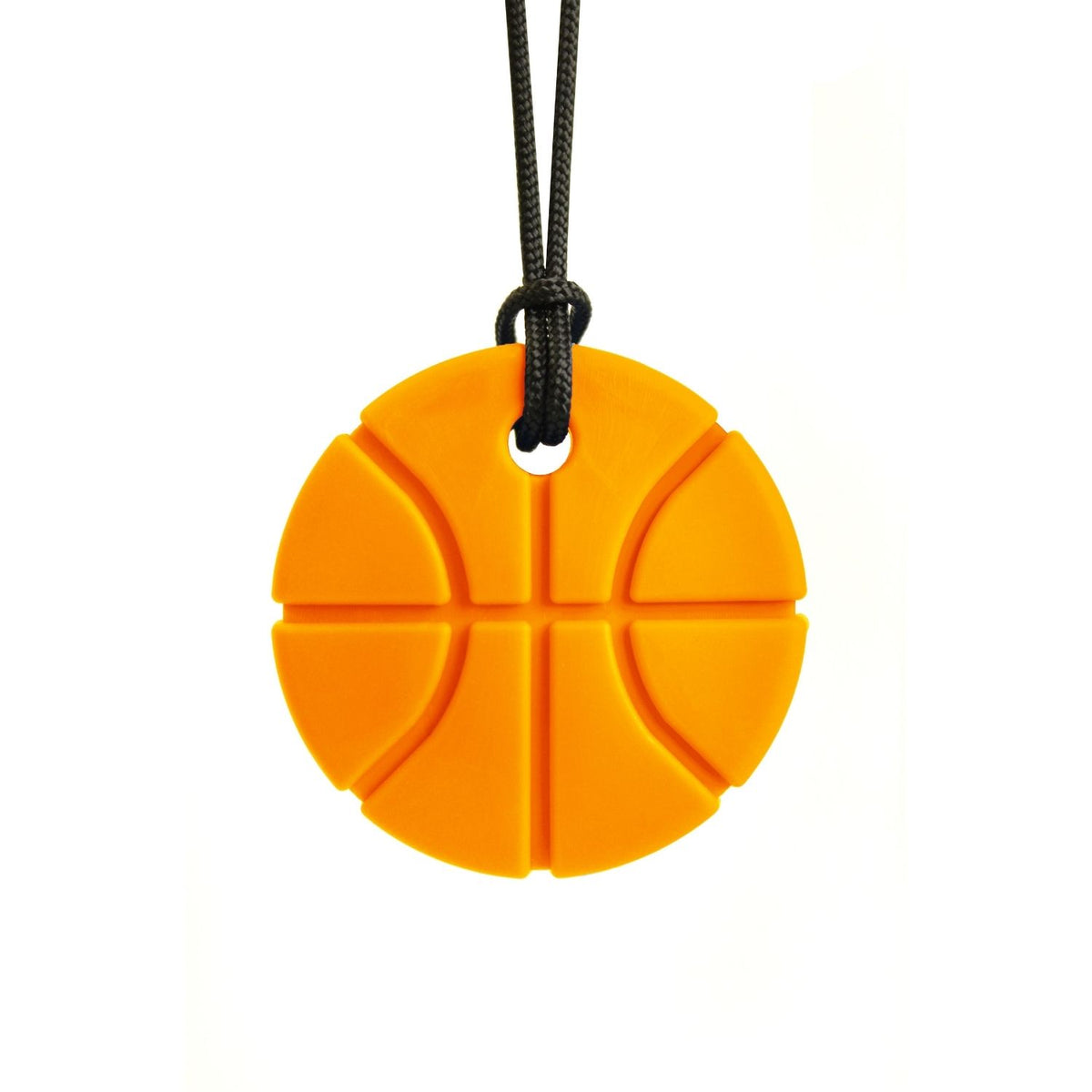 Orange tugghalsband i form av en basketboll med svart snöre
