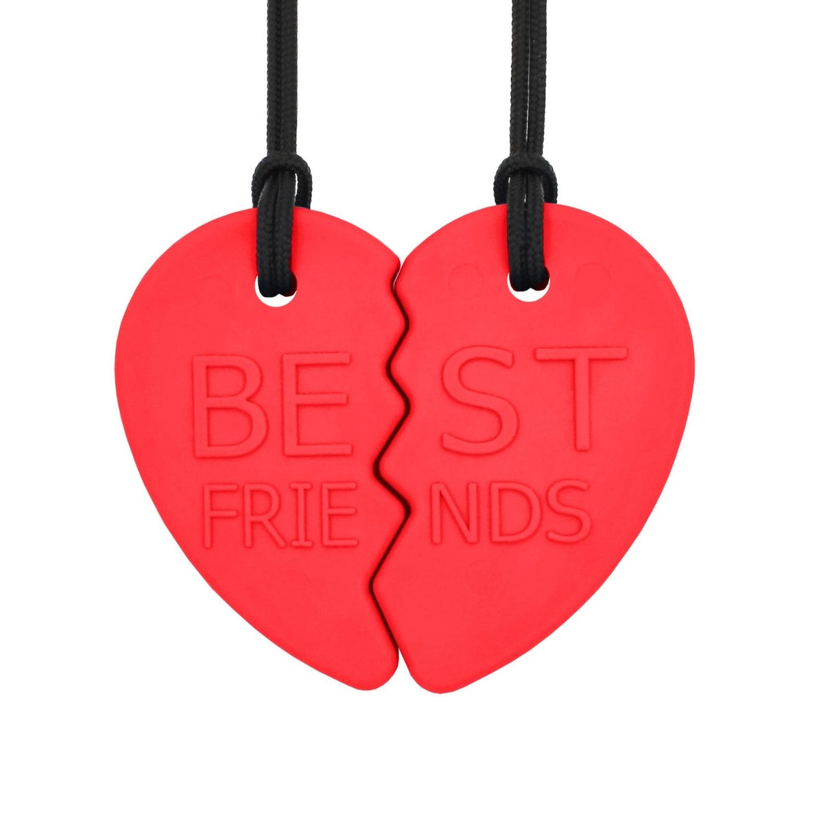 Delbart tugghalsband i form av rött hjärta med texten "Best Friends"