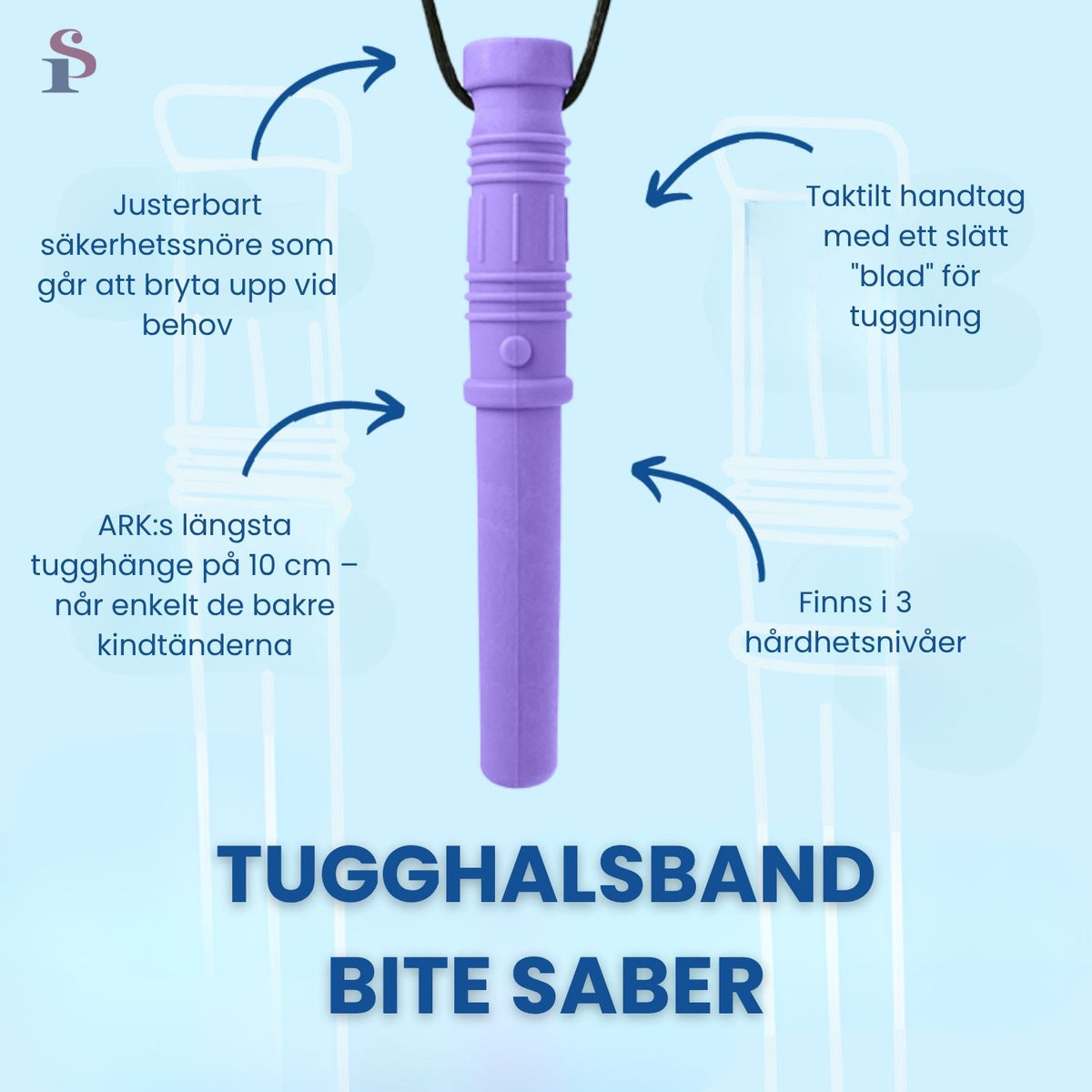 Lila tugghalsband i sabelform med taktila detaljer och justerbart säkerhetssnöre, för sensoriskt stöd vid NPF.