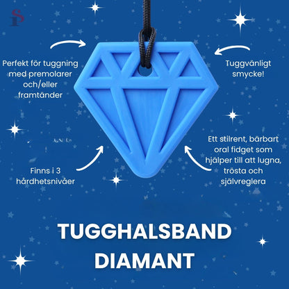 Blått tugghalsband i diamantform med text om produktens egenskaper.