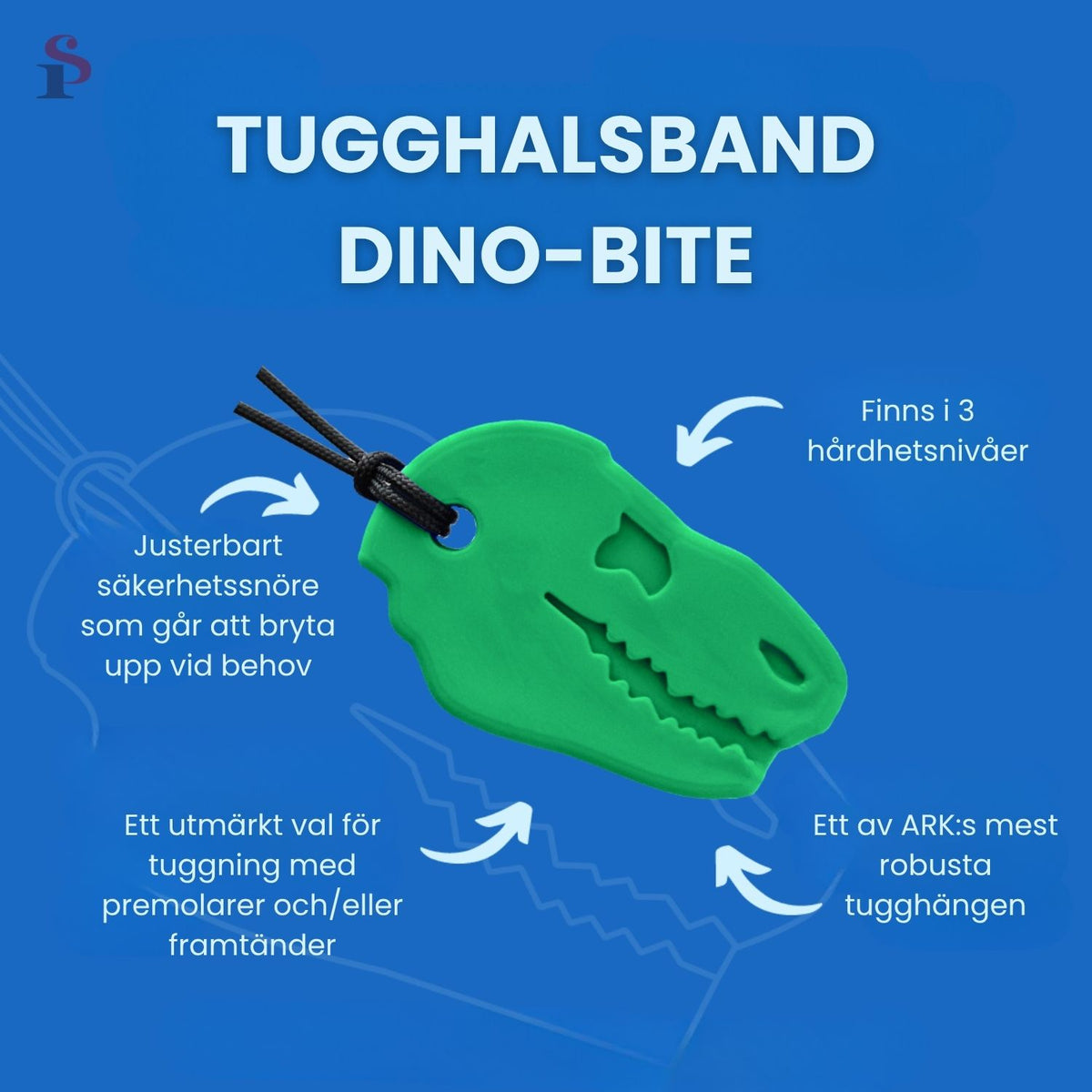 Informationsbild om Tugghalsband Dino-Bite med pilar som beskriver egenskaper.
