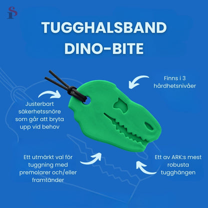 Informationsbild om Tugghalsband Dino-Bite med pilar som beskriver egenskaper.