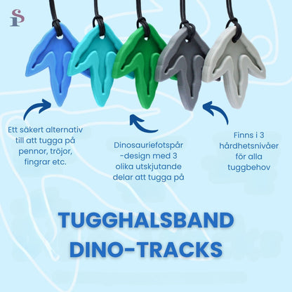 En grafisk beskrivning av Dino-Tracks tugghalsband med information om dess funktion och egenskaper.