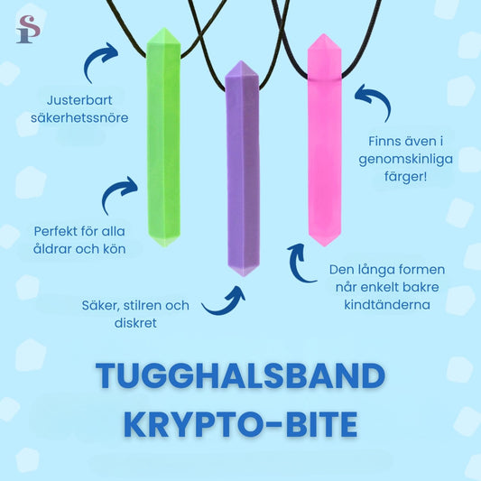 Översikt av tugghalsband Krypto-Bite – säkert och stilrent hjälpmedel för sensoriska behov.