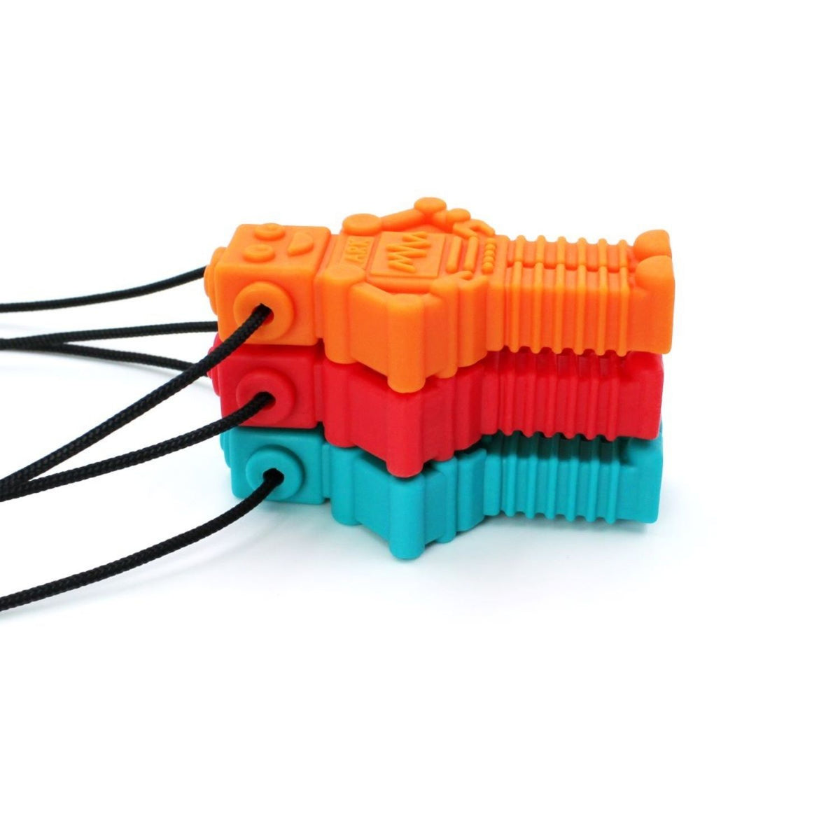 Tre staplade RoboChew i orange, rött och turkost för ADHD & autism.