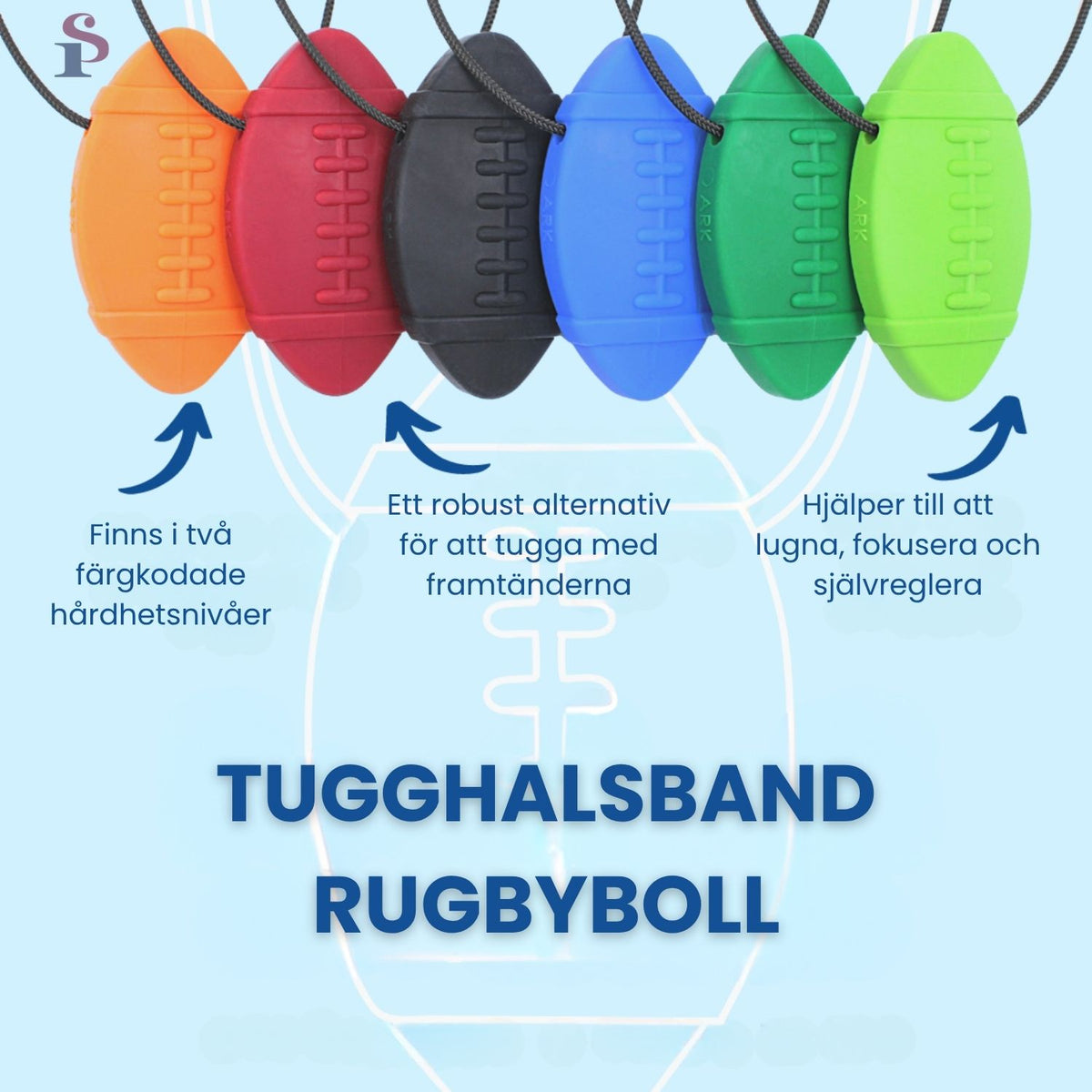 Tugghalsband i form av amerikansk fotboll i olika färger och hårdhetsnivåer