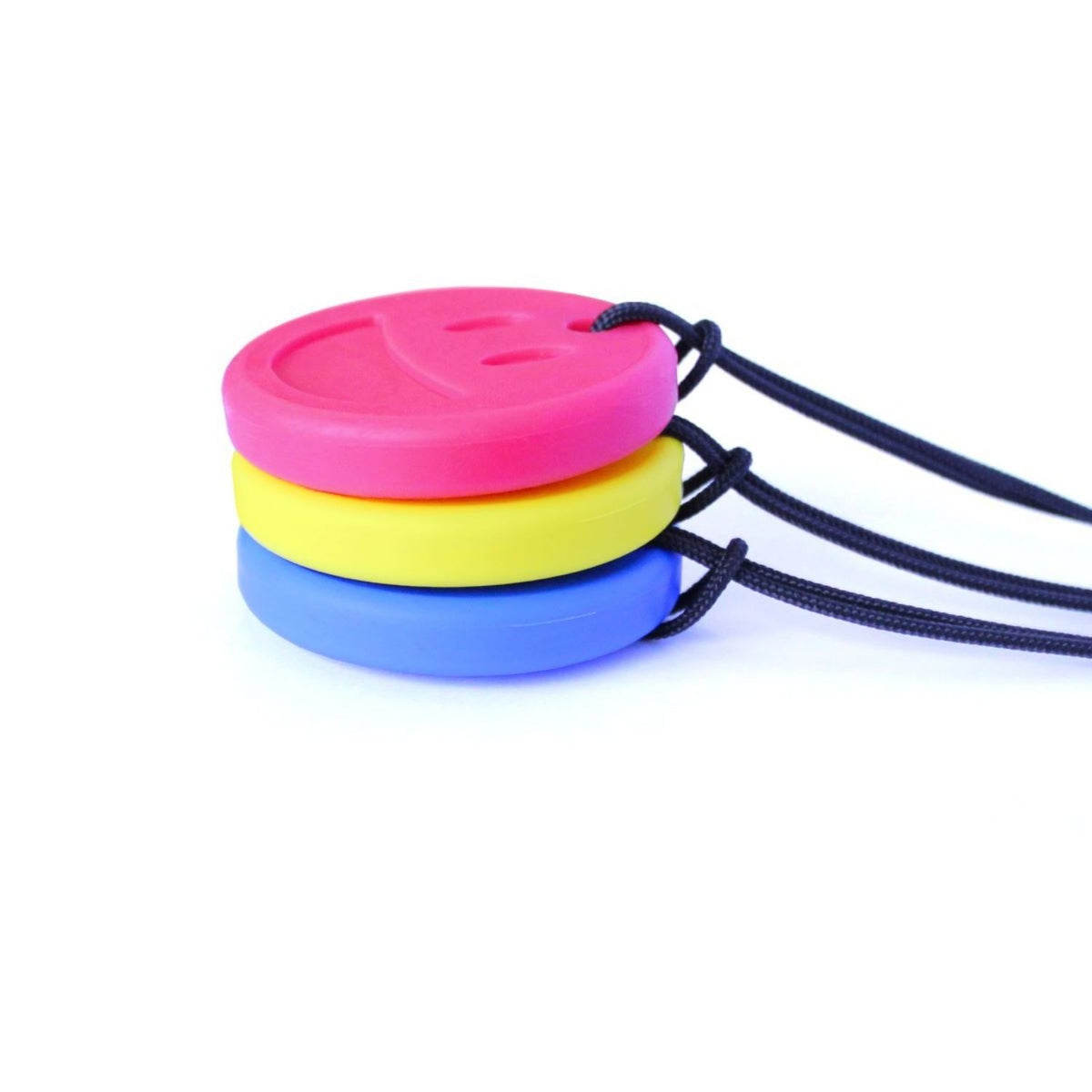 Flera Smiley Face-halsband staplade i olika färger för NPF-behov