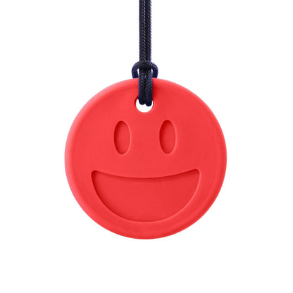Rött tugghalsband i smileyformat, tryggt för barn med tuggbehov