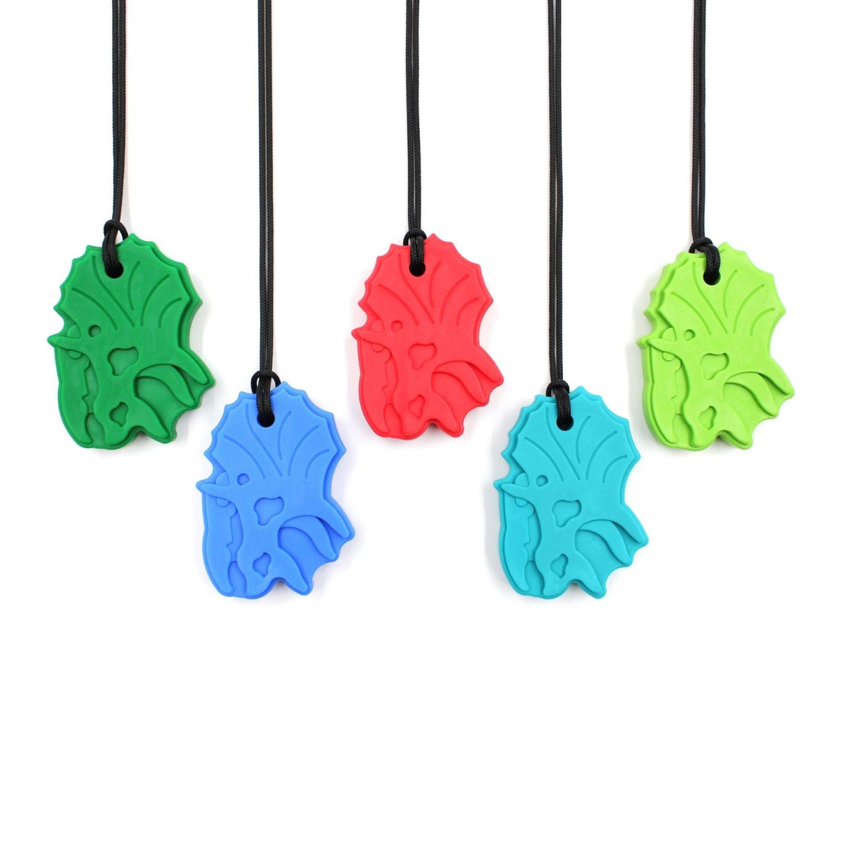 Flera Triceratops-halsband i olika färger och hårdhetsgrader.