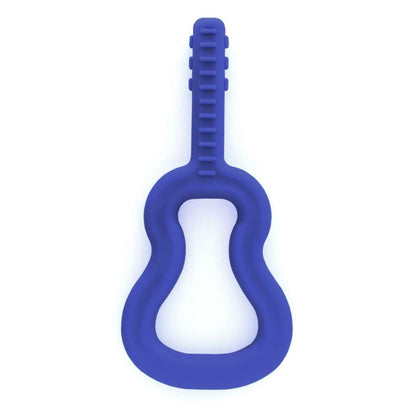 Blå Gitarr-tugghjälpmedel med lång förlängning och upphöjda strängar.