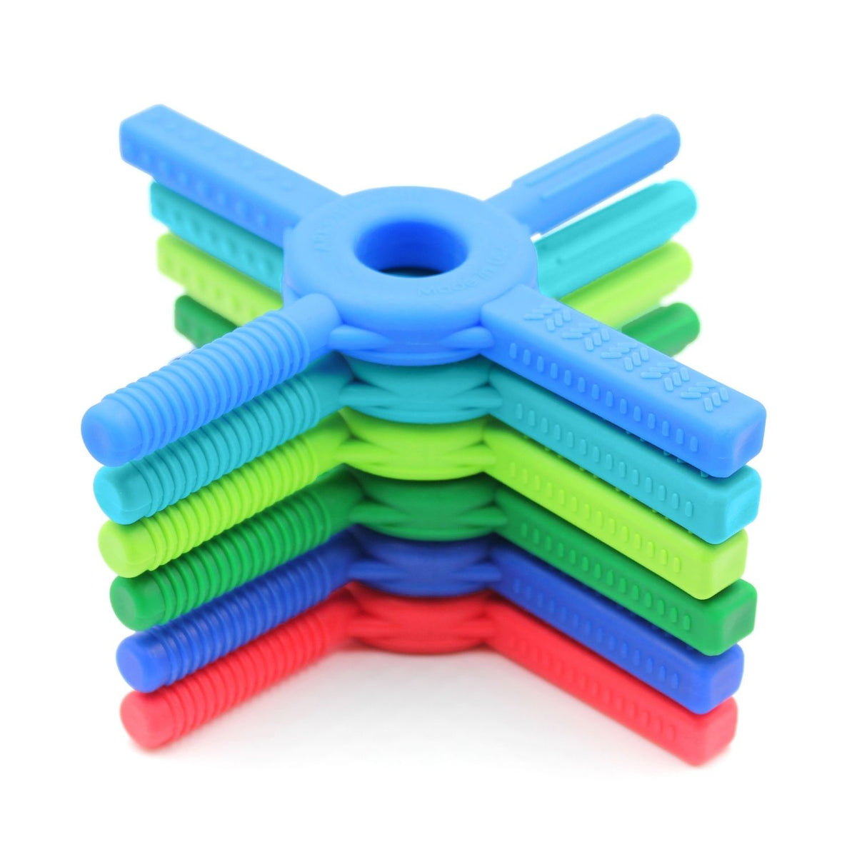 Två Tetra-Bite Fidgets staplade, visar tjockleken och varierande form.