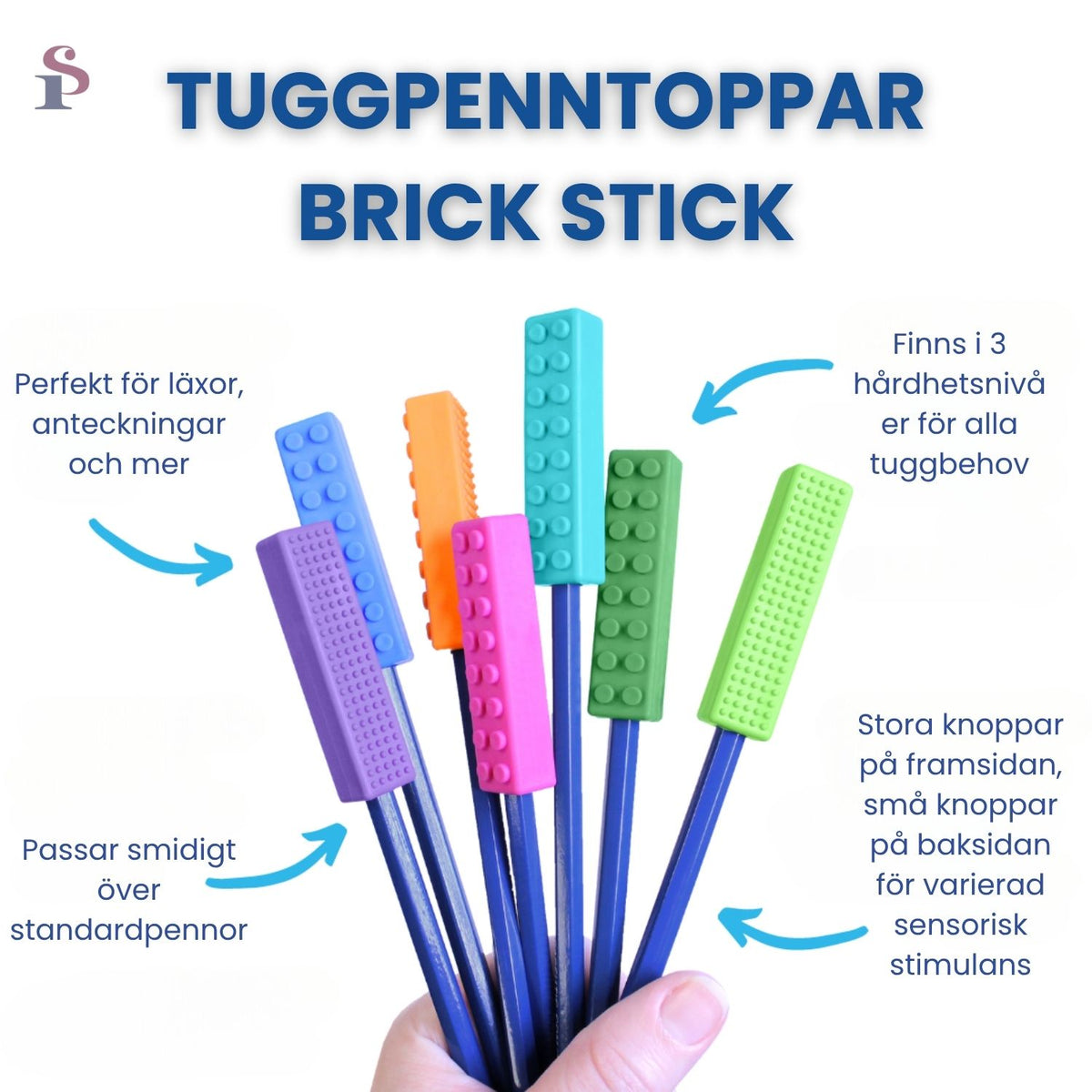 Informationsblad om Brick Stick penntopp, visar funktion och sensorisk stimulans.