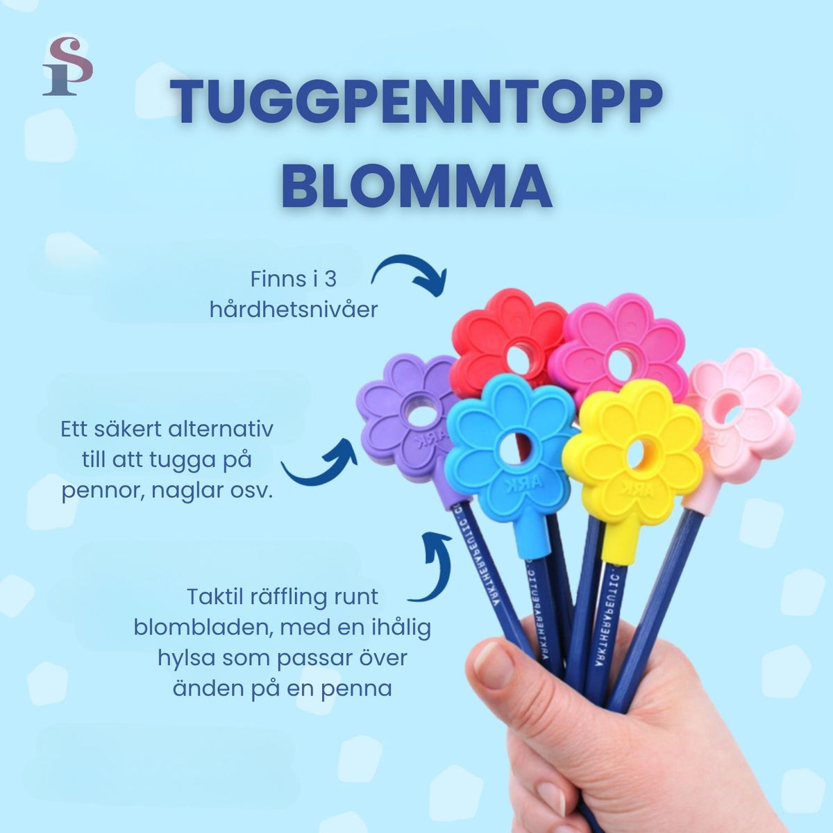 Blomformad penntopp med taktil ribba runt kanterna.