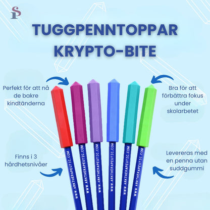 Flera Krypto-Bite tuggpenntoppar i olika hårdheter, anpassade för mild till intensivt tuggande.