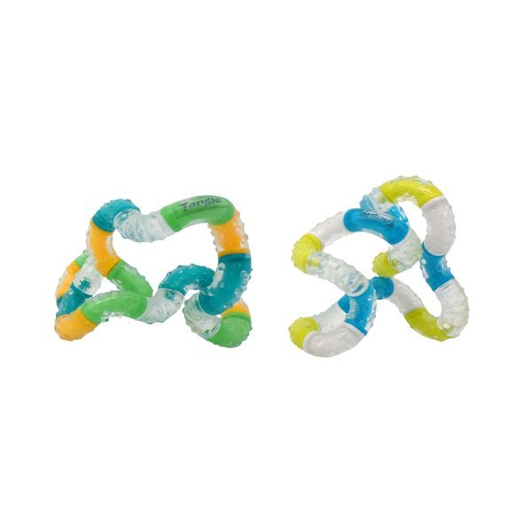 Två böjda Tangle BrainTools Imagine i olika färgkombinationer, med taktil yta och transparent plast