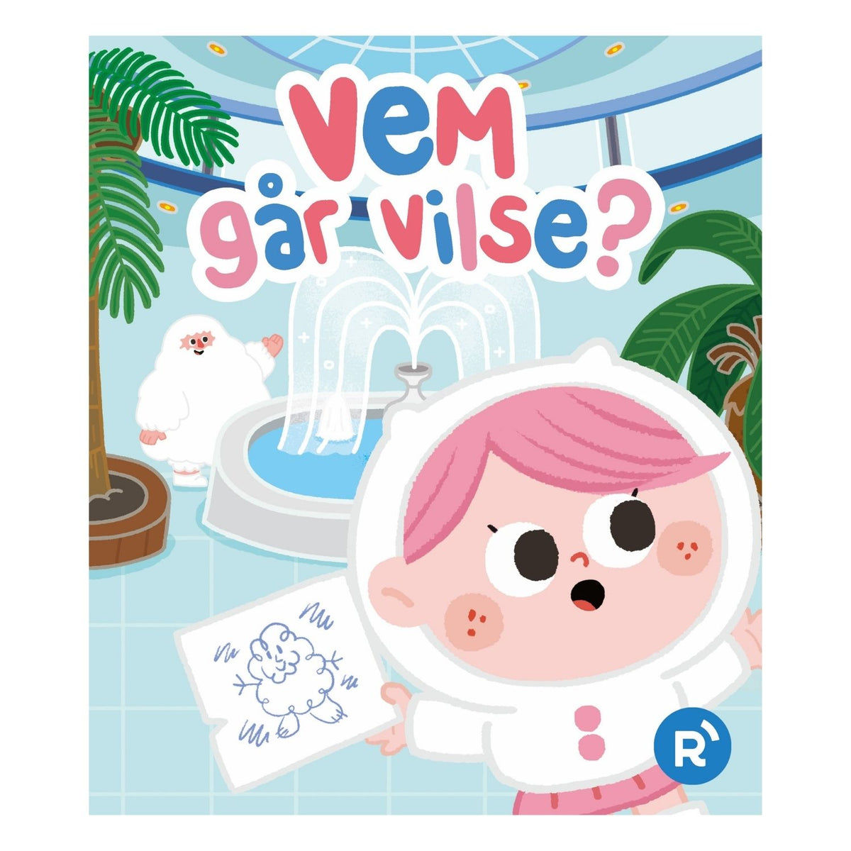 Framsida av Readioo-boken Vem går vilse med Sabina vid en fontän.