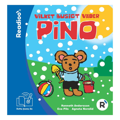 Omslag till interaktiv barnbok Vilket busigt väder Pino från Readioo, Pino i snöfall med hink och spade.